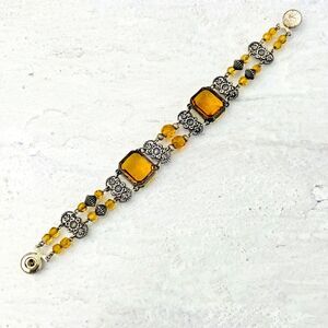 Vintage Silver Tone Czech Glass Bracelet Citrine Color Squares Size 6 1/4 in